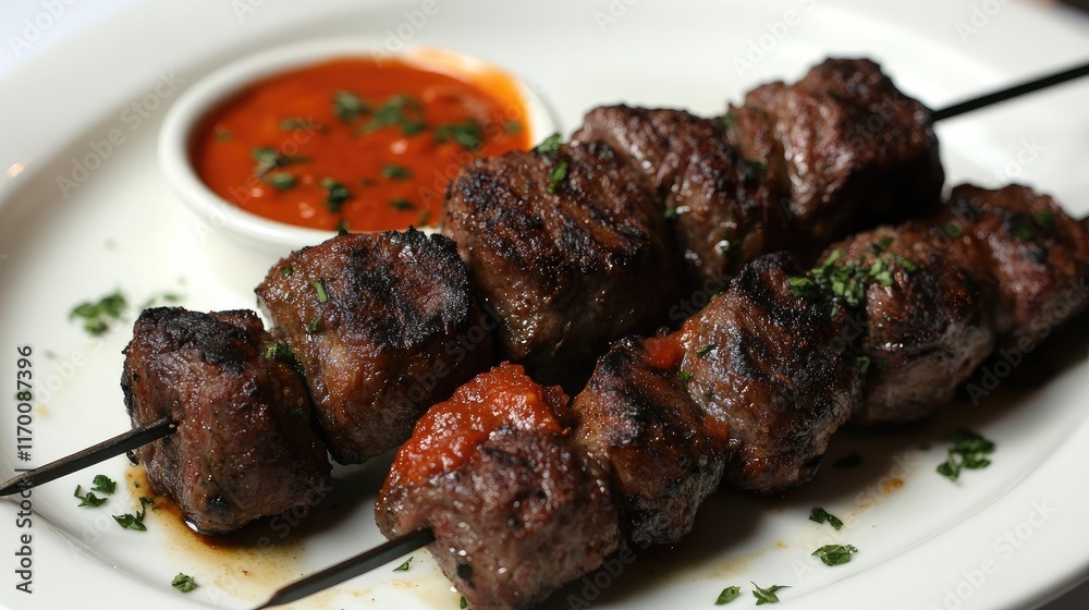 Delicious grilled meat skewers served with savory dipping sauce garnished with herbs on a classic white plate Delicious grilled meat skewers served with savory dipping sauce garnished with herbs on a classic white plate
