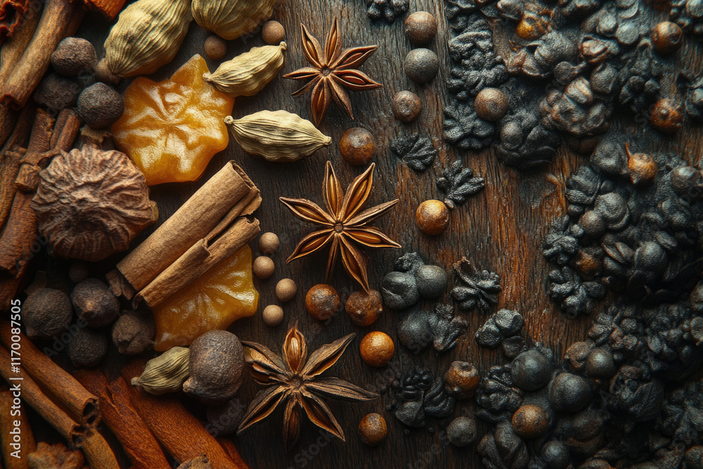 Assortment of aromatic spices and herbs on dark wood, including cinnamon, star anise, cloves, and cardamom. Assortment of aromatic spices and herbs on dark wood, including cinnamon, star anise, cloves, and cardamom.
