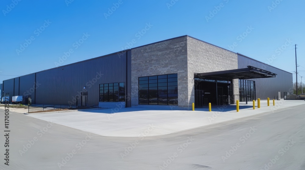 Contemporary industrial warehouse exterior with loading dock and shipping area under clear blue sky Contemporary industrial warehouse exterior with loading dock and shipping area under clear blue sky