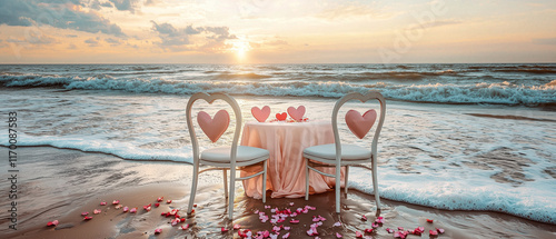 
a romantic beachside table setting with two elegant chairs, a pink tablecloth, and glasses adorned with red heart-shaped decorations,