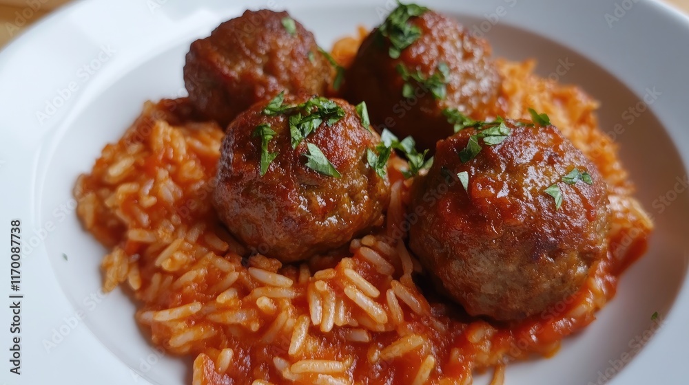Savory meatballs served with rich tomato sauce on a bed of fragrant red rice garnished with fresh herbs Savory meatballs served with rich tomato sauce on a bed of fragrant red rice garnished with fresh herbs