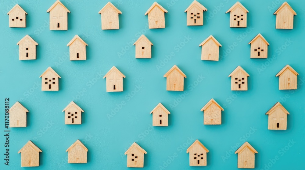 Miniature wooden house cutouts arranged in a grid on a vibrant blue background for decorative or design purposes. Miniature wooden house cutouts arranged in a grid on a vibrant blue background for decorative or design purposes.