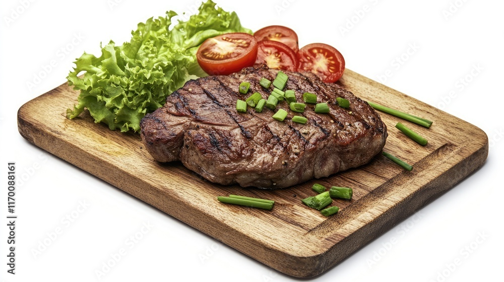 Roast meat with tomatoes chives and lettuce on wooden platter isolated on white background for gourmet food promotion or restaurant menu imagery Roast meat with tomatoes chives and lettuce on wooden platter isolated on white background for gourmet food promotion or restaurant menu imagery