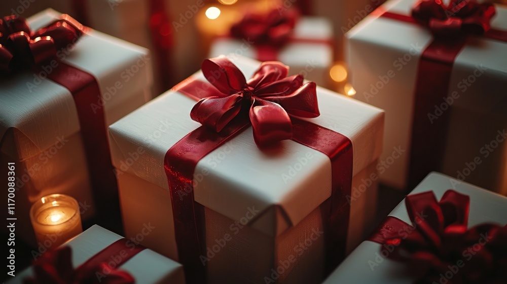 A collection of beautifully wrapped gifts with red ribbons and soft lighting. A collection of beautifully wrapped gifts with red ribbons and soft lighting.