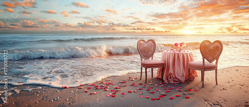 
a romantic beachside table setting with two elegant chairs, a pink tablecloth, and glasses adorned with red heart-shaped decorations,