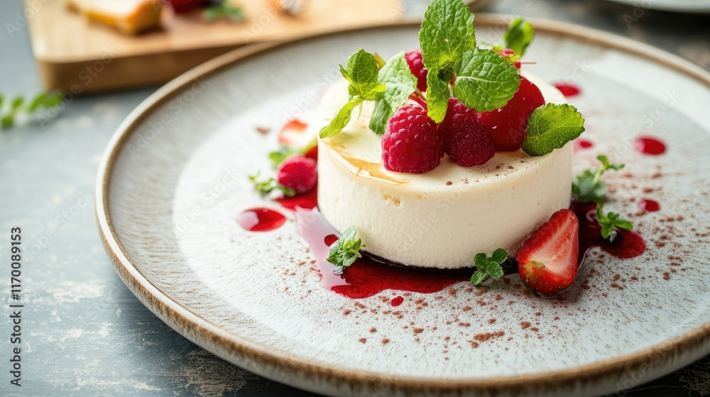 Gourmet dessert presentation of creamy cheesecake topped with fresh raspberries and mint leaves on an elegant plate with berry sauce drizzle Gourmet dessert presentation of creamy cheesecake topped with fresh raspberries and mint leaves on an elegant plate with berry sauce drizzle
