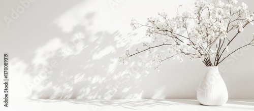 Calming minimalistic white space with soft shadows and delicate flowers for serene design inspiration and aesthetic backgrounds