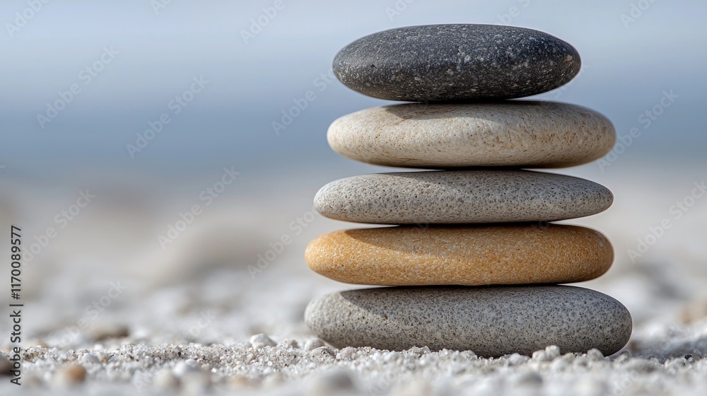 A balanced stack of smooth stones on a sandy surface by the shore. A balanced stack of smooth stones on a sandy surface by the shore.