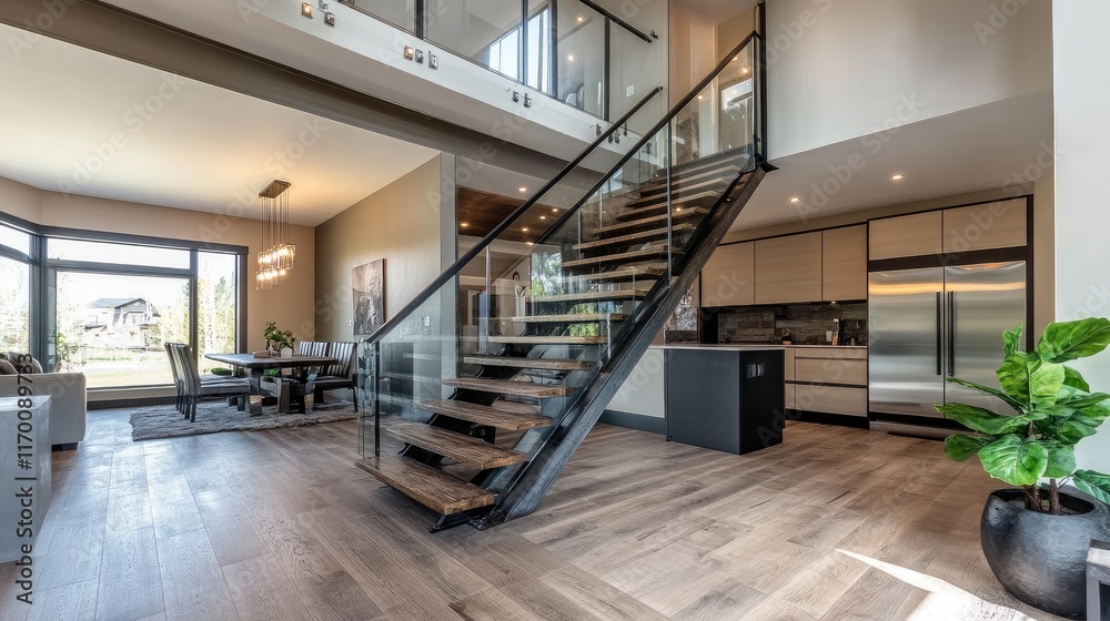 Fototapeta premium Elegant Modern Staircase Featuring Glass and Metal Design in Contemporary Open Concept Living Space