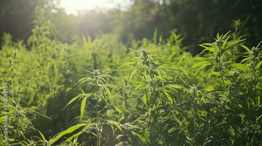 Naklejka premium Medical Cannabis Plants Thriving in Field Under Sunlight Ready for Harvesting