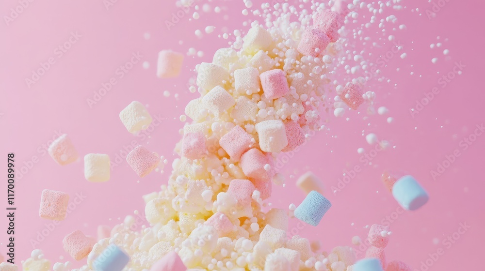 Obraz premium Pastel colored miniature marshmallows cascading against a soft pink background creating a whimsical sweet treat scene