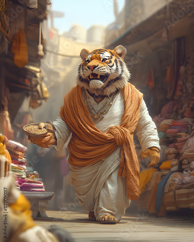 Fantasy animals in fashion a tiger's journey through a colorful market vibrant environment captivating viewpoint photo