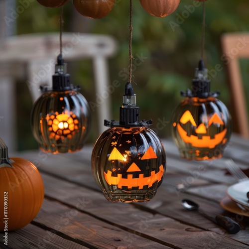 Stunning pumpkin lanterns with steampunk designs, illuminated in warm hues, ideal for themed Halloween decor. photo