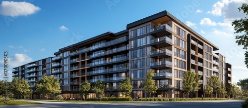 Contemporary apartment complex displayed against a bright blue sky highlighting urban lifestyle and innovative architectural design