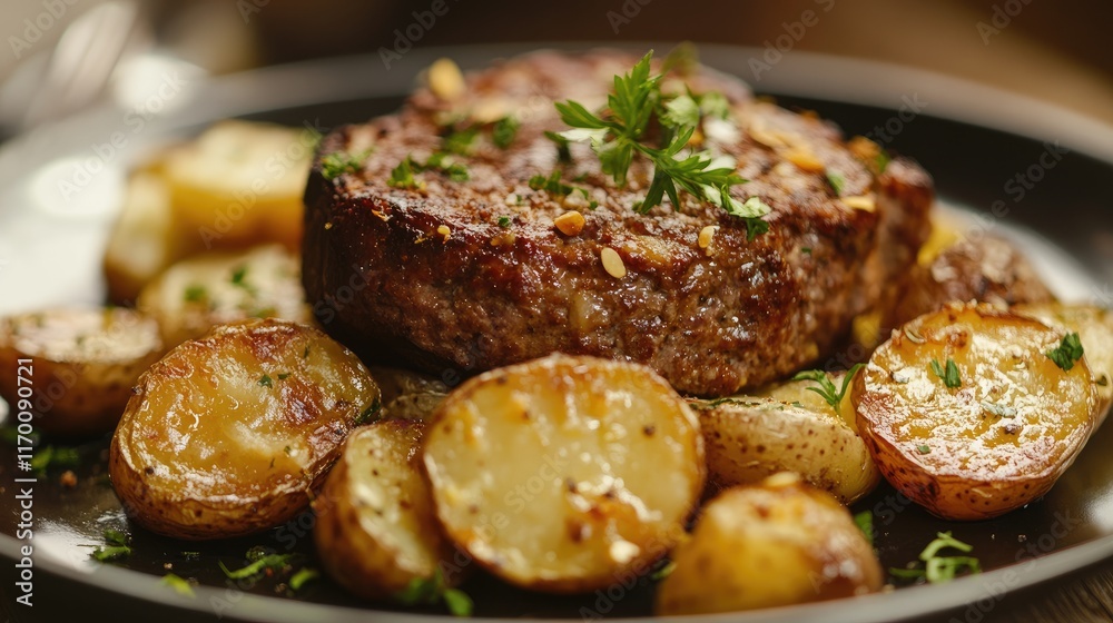 Delicious meatloaf served with roasted potatoes garnished with fresh herbs on a dark plate in a warm kitchen setting Delicious meatloaf served with roasted potatoes garnished with fresh herbs on a dark plate in a warm kitchen setting