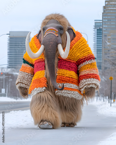 Fantasy animals in fashion a mammoth walks urban streets winter wonderland colorful attire whimsical concept photo