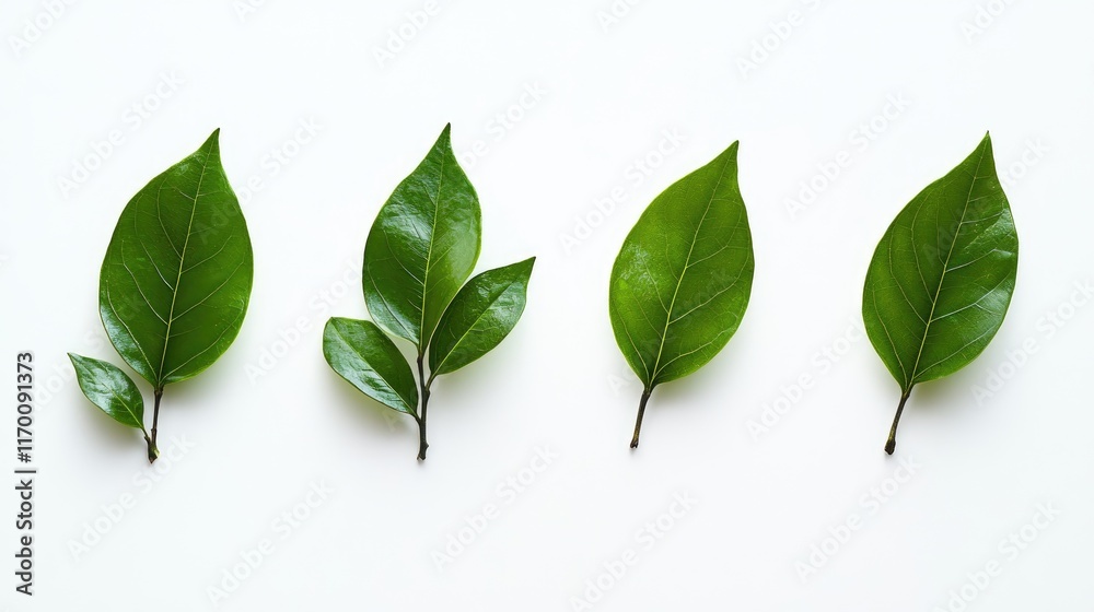 Fototapeta premium Minimalistic Tropical Green Leaves Arrangement on White Background for Relaxing and Serene Interior Decor