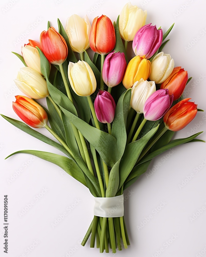 Naklejka premium Colorful Bouquet of Tulips with Various Shades of Red, Pink, Yellow, and White on a Light Background