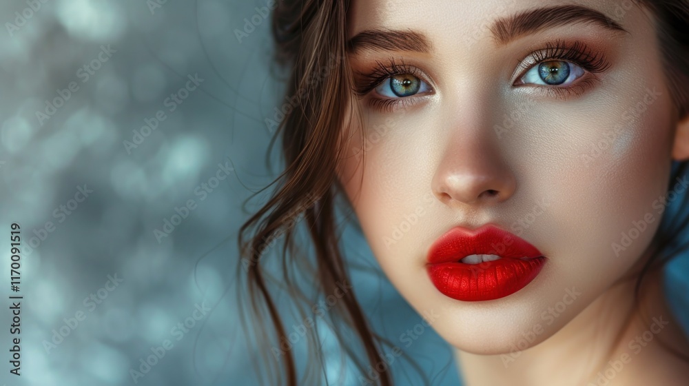 Fototapeta premium Beautiful stunning brunette white-skinned girl with red lips looking at the camera,