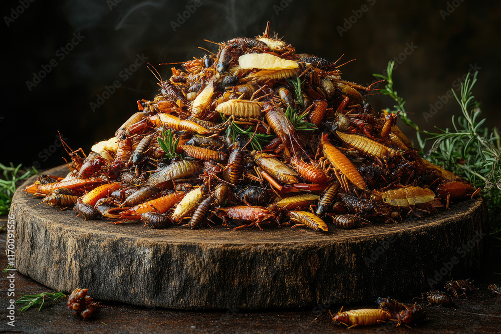 A large pile of roasted insects, possibly crickets and mealworms, seasoned with herbs, sits on a rustic wooden board, steaming slightly. A large pile of roasted insects, possibly crickets and mealworms, seasoned with herbs, sits on a rustic wooden board, steaming slightly.
