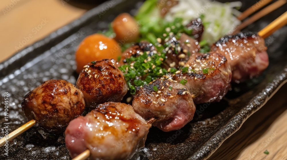 Grilled meat skewers garnished with fresh vegetables on a black plate showcasing a delicious Asian cuisine specialty. Grilled meat skewers garnished with fresh vegetables on a black plate showcasing a delicious Asian cuisine specialty.