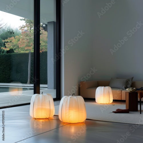 Elegant pumpkin lanterns with minimalist designs, casting a subtle glow in a modern living space. photo