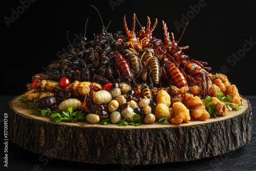 A delectable assortment of roasted insects, meticulously arranged on a rustic wooden platter, showcasing diverse edible bugs. photo