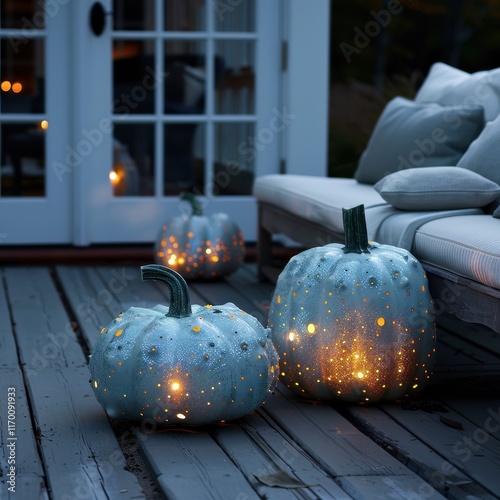 Elegant pumpkin lanterns with celestial bodies, glowing softly in a starry night scene. photo