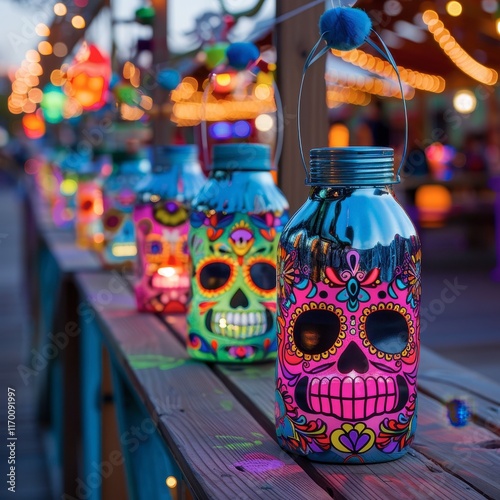 Halloween pumpkin lanterns with Dia de los Muertos motifs, glowing vibrantly in a cultural celebration.