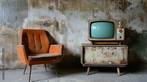 Vintage living room with retro furniture featuring an old television set and an orange armchair against a textured wall backdrop. photo