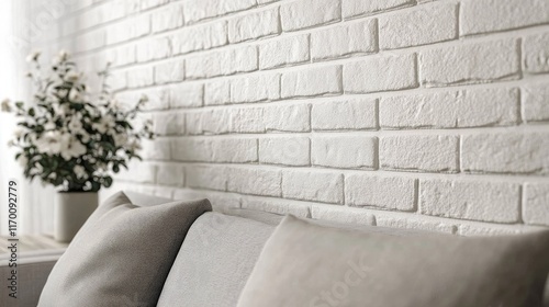 Stylish living room featuring a cozy sofa and a serene white brick wall with decorative plants for a modern aesthetic photo