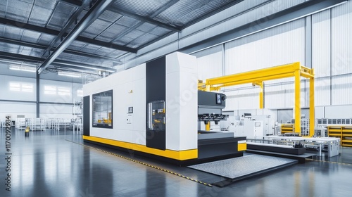 Modern industrial workshop interior featuring advanced machinery and bright white walls in a minimalist technology environment.