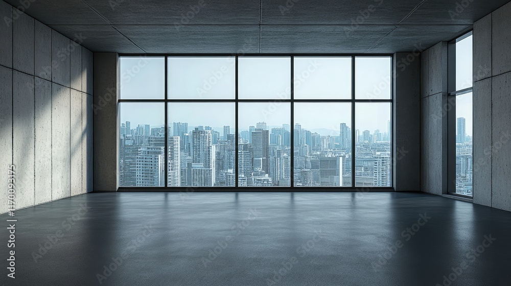 Fototapeta premium Spacious modern industrial interior featuring concrete walls and expansive windows with a panoramic city skyline view.