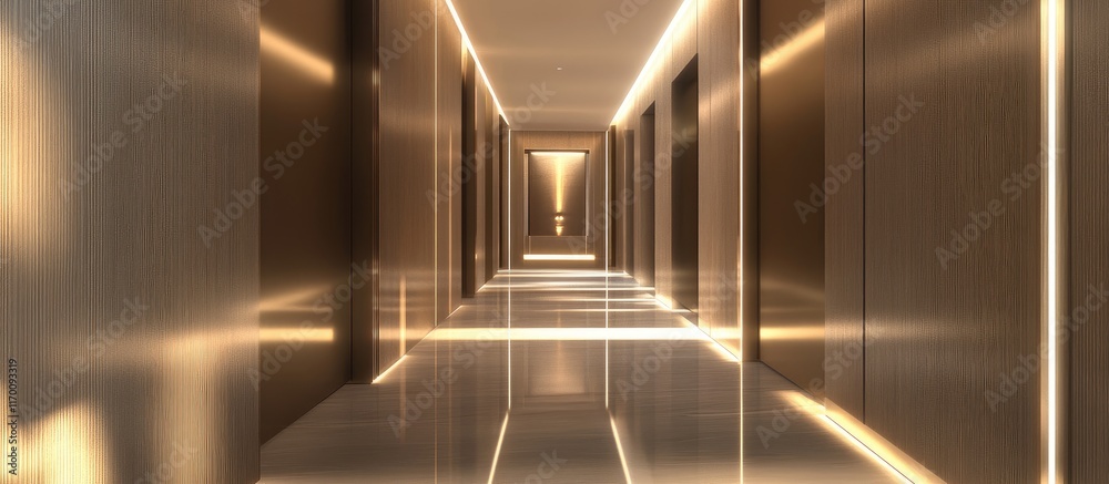 Fototapeta premium Contemporary office hallway featuring elegant design and ambient lighting perfect for professional workspaces and corporate environments