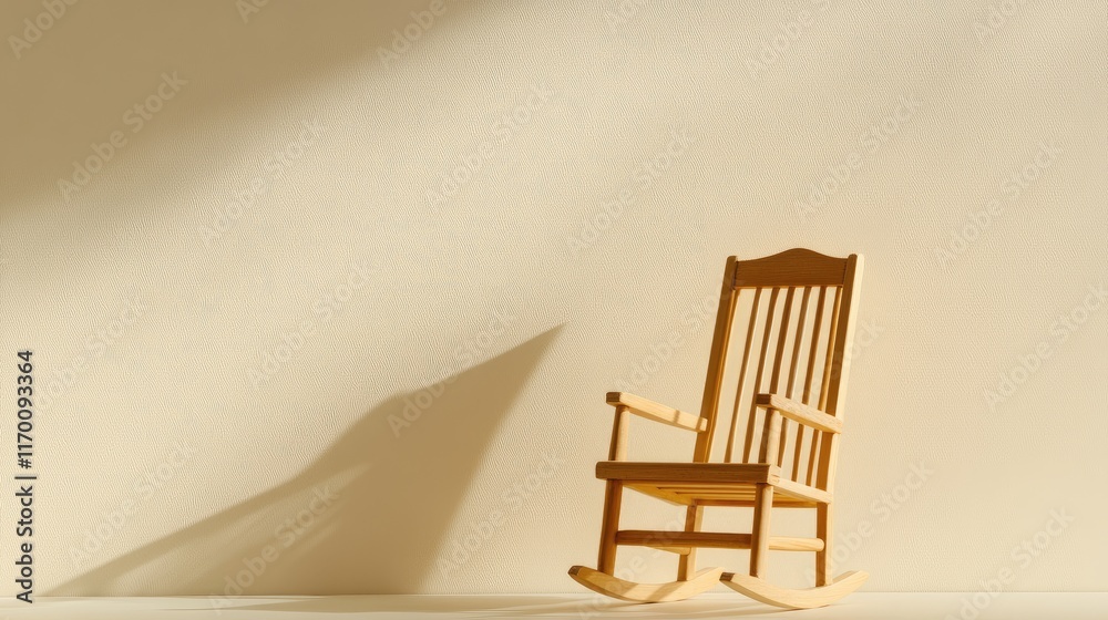 Minimalist wooden rocking chair casting shadows on light wall in bright serene setting reflecting simplicity and tranquility of interior design.