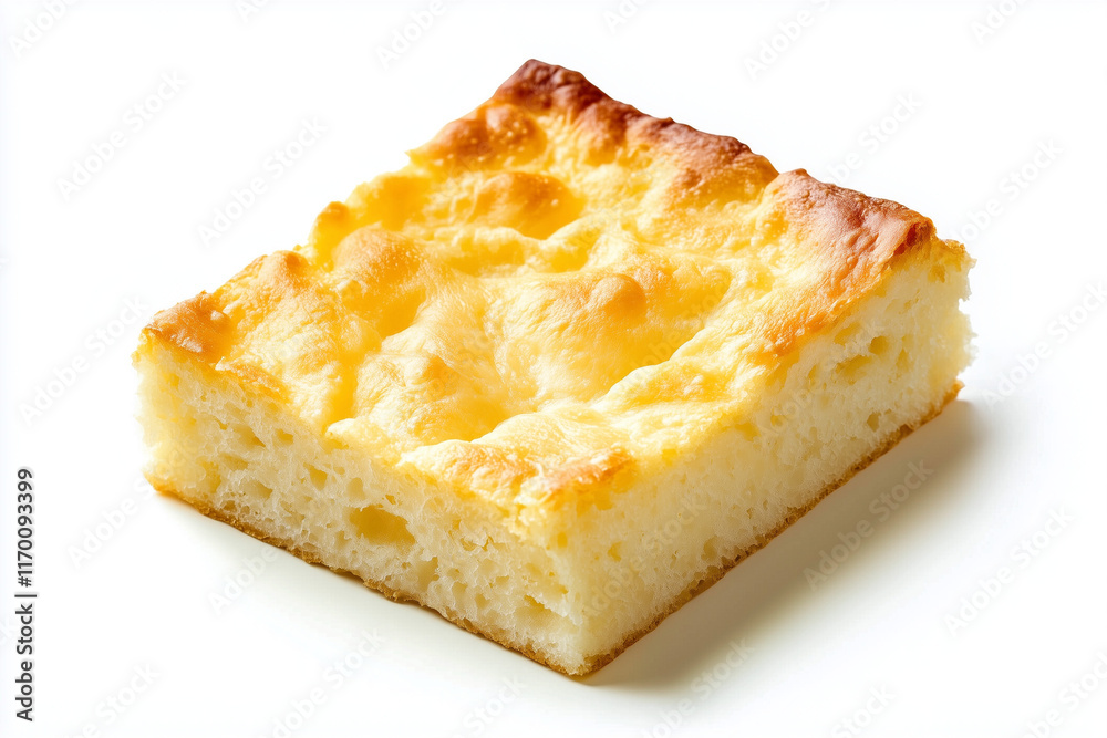 Square piece of Italian focaccia bread, isolated on white background Square piece of Italian focaccia bread, isolated on white background
