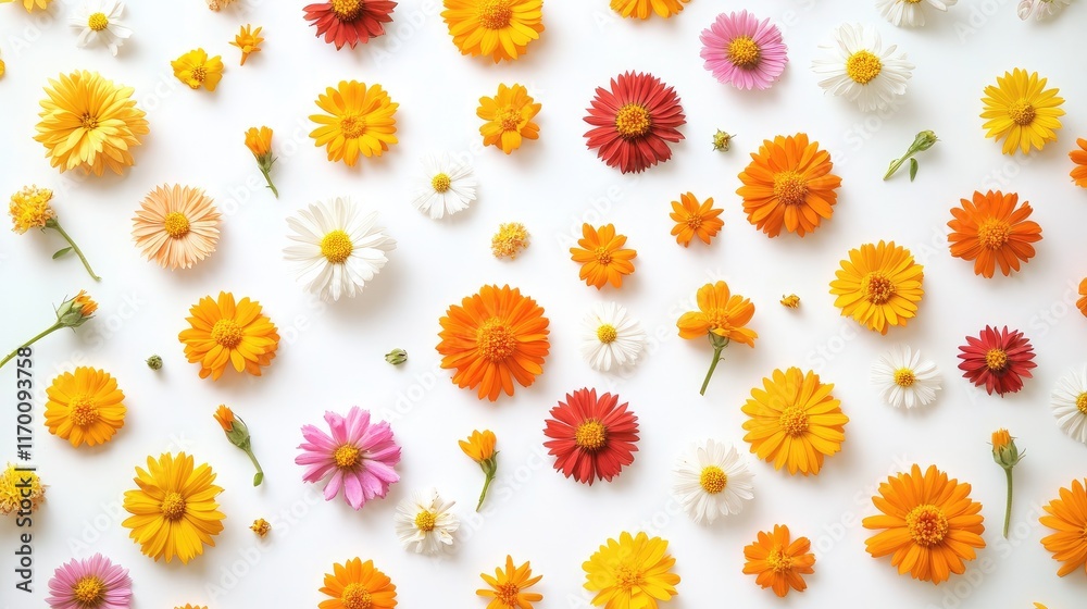 Obraz premium Colorful array of medicinal flowers including calendula and daisies on white background ideal for herbal tea and wellness themes