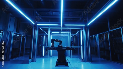 Futuristic Industrial Factory Interior Featuring Robotic Arm and High-Tech Assembly Line Illuminated by Blue Neon Lighting