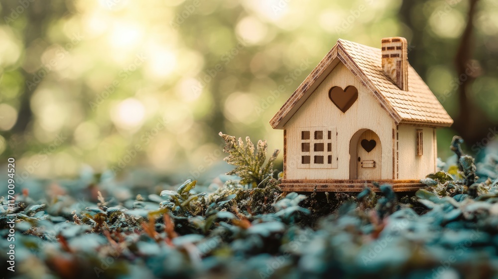Miniature wooden house with heart symbol representing love, homeownership, and the concept of warmth and comfort in family life Miniature wooden house with heart symbol representing love, homeownership, and the concept of warmth and comfort in family life