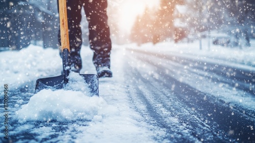 Man clearing snow from icy road during winter snowfall with shovel, showcasing the challenges of snow removal in cold weather conditions.