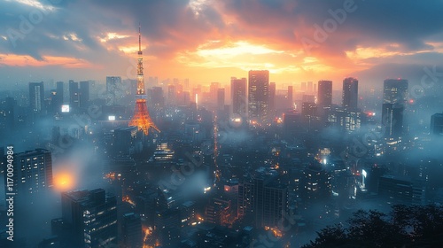 Wallpaper Mural Tokyo Skyline Sunset Fog Cityscape Tower Torontodigital.ca