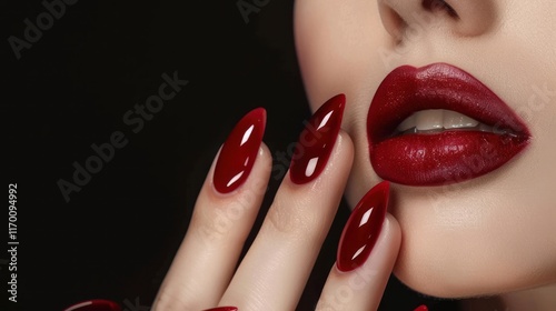 Beautiful girl with classic makeup and red nails, AI generated image