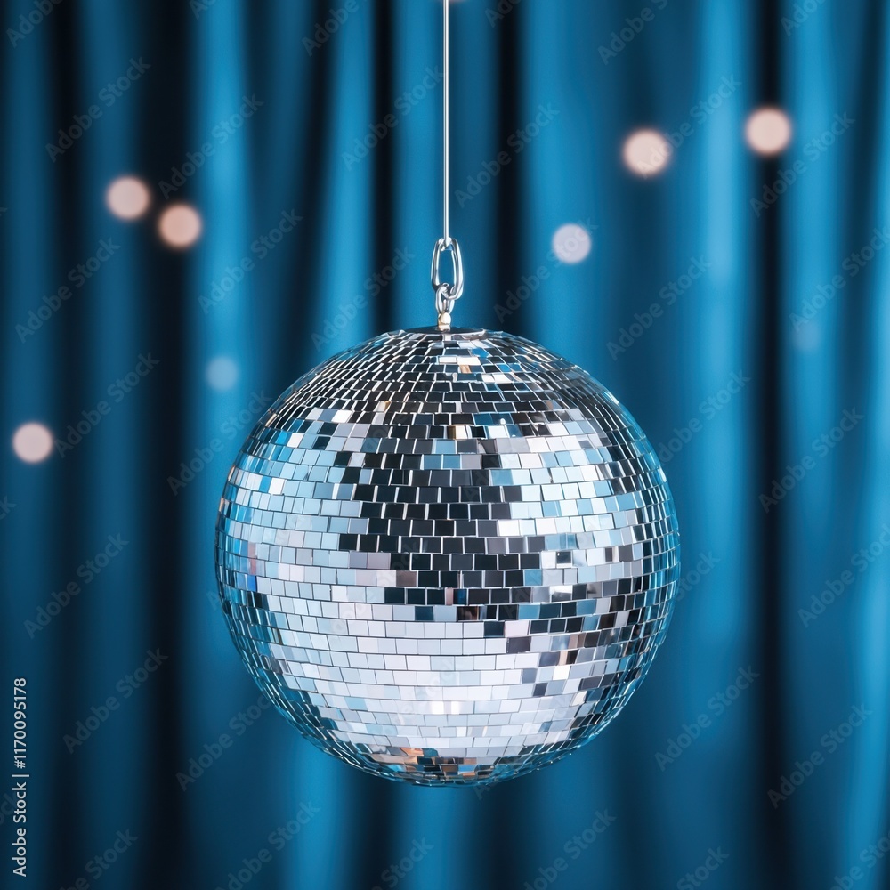 Fototapeta premium Sparkling Disco Ball Hanging Against a Soft Blue Background