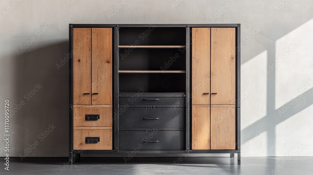 Modern Industrial Style Cabinet Featuring Wood and Metal Design in Sleek Minimalist Workspace Setting