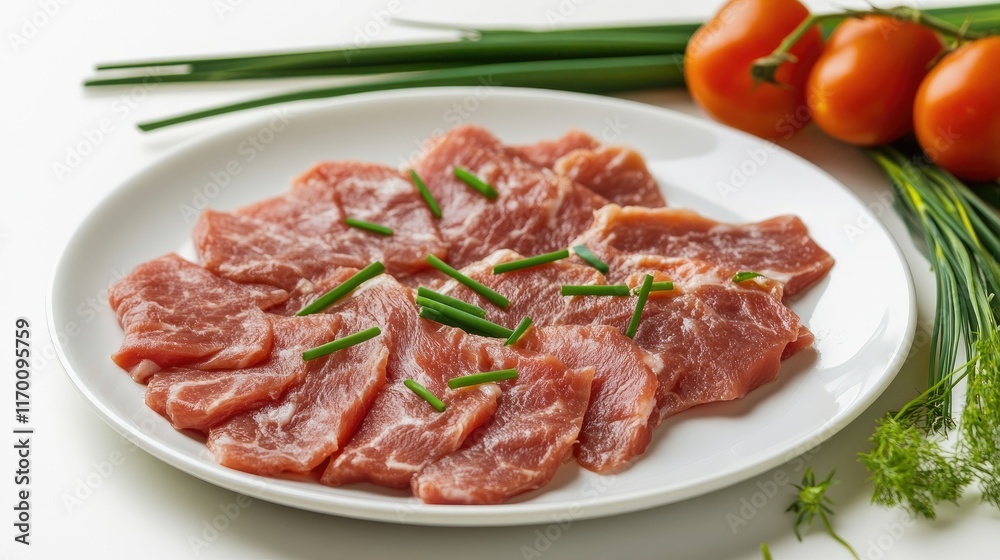 raw meat slices garnished with chives and fresh tomatoes on a white plate for culinary presentations and recipes raw meat slices garnished with chives and fresh tomatoes on a white plate for culinary presentations and recipes