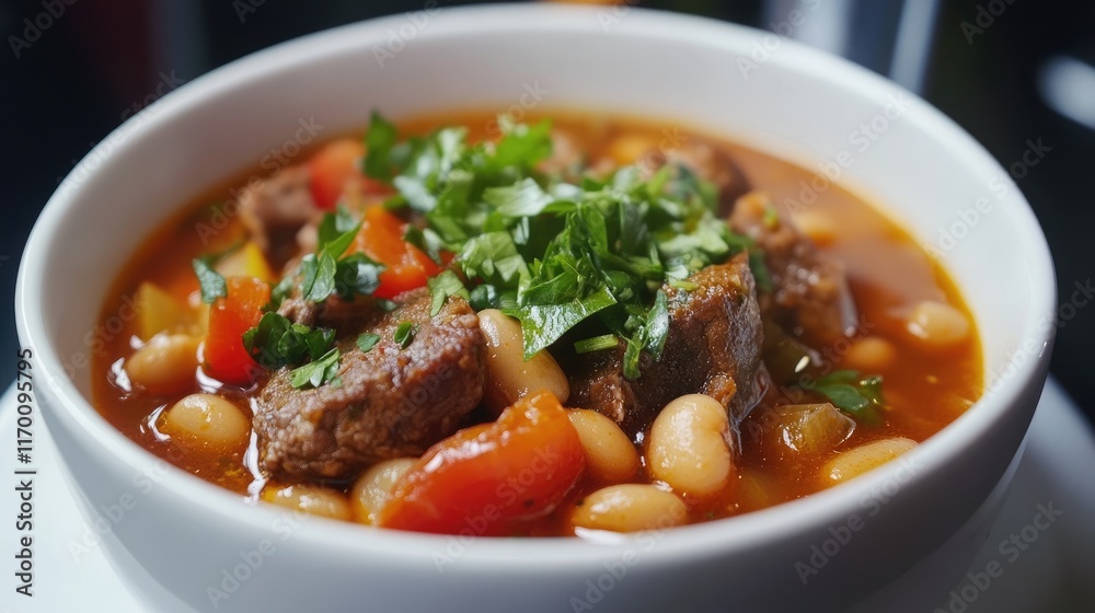 Hearty meat soup with beans and fresh vegetables garnished with parsley in a white bowl suitable for culinary presentations Hearty meat soup with beans and fresh vegetables garnished with parsley in a white bowl suitable for culinary presentations