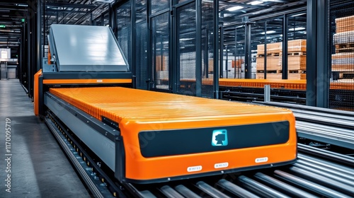 Industrial Automation in Warehouse with Orange Robotic Conveyor System Enhancing Efficiency and Productivity in Industry 4.0 Environment photo