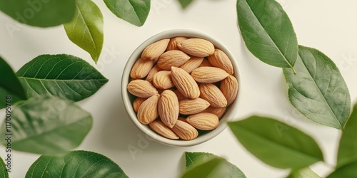 Nuts and leaves for a healthy snack, rich in vitamins and minerals. photo