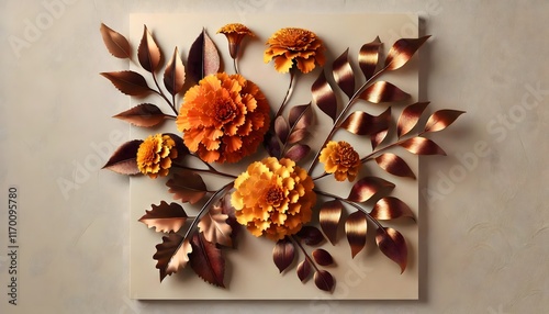  3D wall art arrangement with marigold flowers in sunset orange tones, highlighted by rich bronze metallic leaves photo