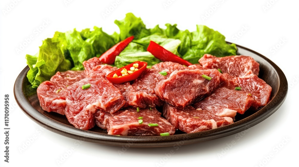 Fresh raw beef slices garnished with green lettuce and red chili peppers on a black plate isolated on white background Fresh raw beef slices garnished with green lettuce and red chili peppers on a black plate isolated on white background
